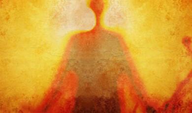 A glowing, translucent figure with outstretched arms against a textured, warm-toned background, radiating light