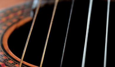 Close-up of guitar strings and soundhole