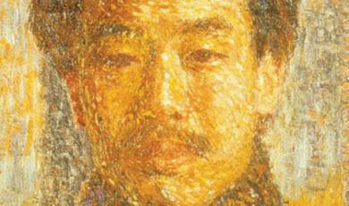 A blurry, close-up image of a man's face with warm, golden tones dominating the color palette