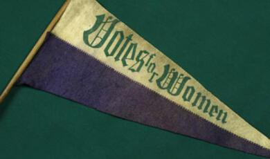 Votes for Women white and purple pennant on green background