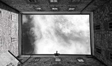 An image of an upward view from within the courtyard of Örebro Castle (Örebro slott) in Sweden