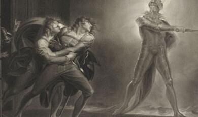 A black and white illustration depicting a scene from Shakespeare's Hamlet, Act I, Scene IV, where the ghost of Hamlet's father appears to Hamlet, Horatio, and Marcellus