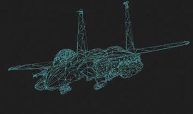 A wireframe model of an F-15 fighter jet