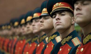 Line of Russian soldiers in a parade