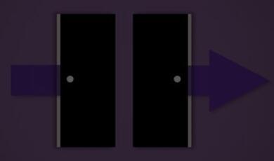 Two closed black doors side-by-side, with a purple arrow pointing from the left towards the doors, and another purple arrow pointing from the doors towards the right