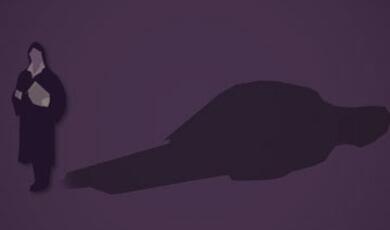 A female lawyer with a long shadow against a purple background