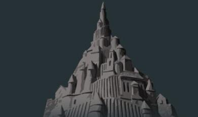 A stylized, grey-toned architectural structure