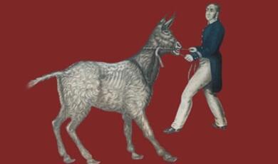 Drawing of man with dog against red background