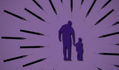 Silhouette of adult and child, in purple background