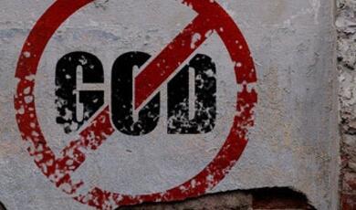'GOD' in black text with red 'X' through it
