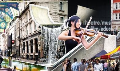 colourful montage of London sights and people