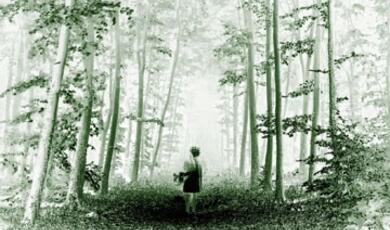 Green and white drawing of small figure walking through forest