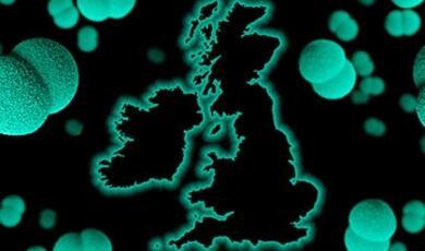 Teal outline of map of UK with viruses around it