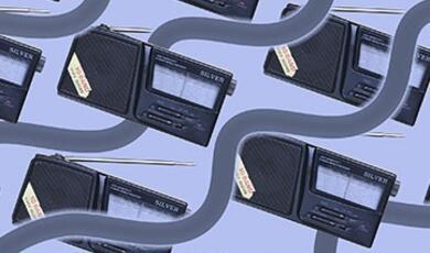 Repeating pattern of DAB radios on purple background