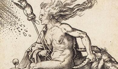 Medieval engraving of a witch; old woman, naked carrying a broom