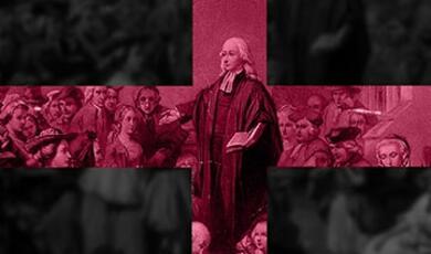 John Wesley preaching outside a church