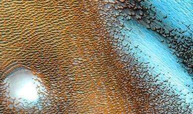 Surface dunes on Mars from high above, sculpted by the wind into long lines