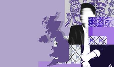 collage of sitting Asian figure with UK map and Royal crest