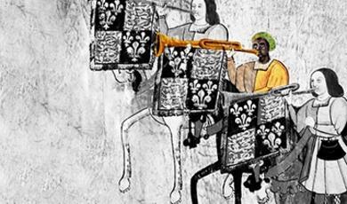 drawing of trumpeters including black individual after medieval joust