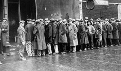 black and white photograph of soup kitchen queue 1931