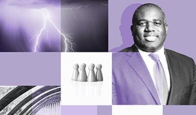 Collage of David Lammy, lightning, pawn-like game pieces and walking figure