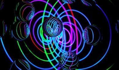 abstract, neon-coloured loops of light and reflective orbs