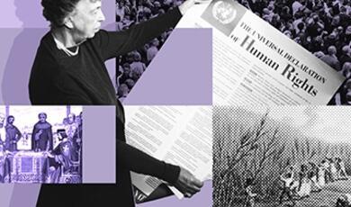 Collage crowd, bill of human rights, King John signing the Magna Carter and slaves cutting sugar cane