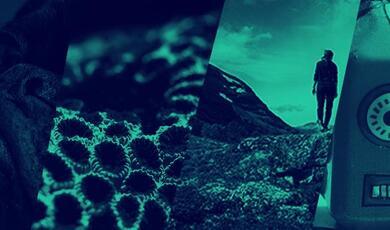 Stylised blue-green photos of a monk, a pixellated dog, a close-up spore, a person on a hill, a toy robot and a banana wrapped in chains