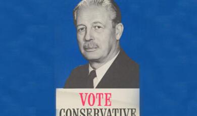 photo of Harold Macmillan above a sign saying 'vote conservative'