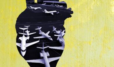 A silhouette of a human heart, filled with multiple airplanes, is set against a textured yellow background