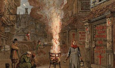 a painting of a religious figure outside in london ringing a bell next to a fire