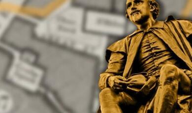 Collage of statue of Shakespeare with map of London