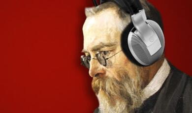 Image of the Russian composer Modest Mussorgsky wearing modern headphones
