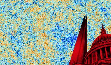 Black and yellow image showing cosmic microwave background (CMB) radiation