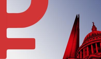 a currency symbol of the Russian Ruble in red on a purple background