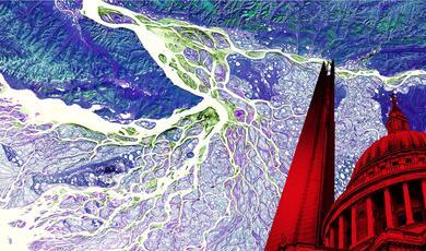 a satellite image of a river with a red st paul's catherdal superimposed
