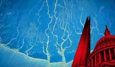 St Paul's and the Shard with a blue satellite image of a river