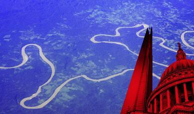 a river running though land which has been coloured blue with st paul's cathedral