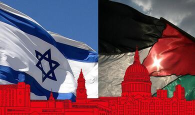 Photographs of Israeli and Palestinian flags