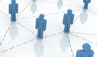 a computer generated illustration of human shaped figures standing with dotted lines connecting them