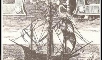 Ink drawing of Elizabethan frigate