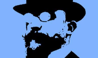 Artwork depicting Erik Satie on a blue background