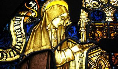 Stained glass image of Saint Hildegard of Bingen