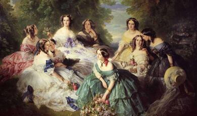 Empress Eugénie Surrounded by her Ladies in Waiting, 1855, wearing elaborate dresses
