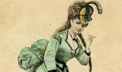 A caricature of a late-19th-century woman wearing an elaborate hat and bustled dresss