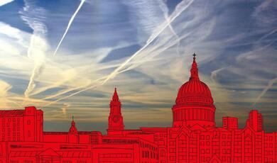 red London cityscape against a sky crossed with aeroplane trails