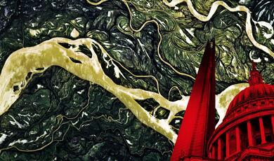 a colourised satellite image of a river with an image of st paul's cathedral in red
