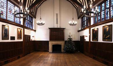 Barnard's Inn main hall, stained glass windows and chandeliers