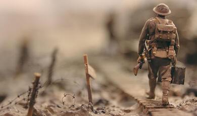 World War One soldier walking through  no mans land
