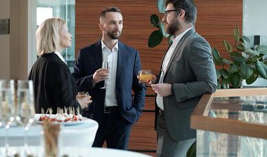Three professionals in suits talking